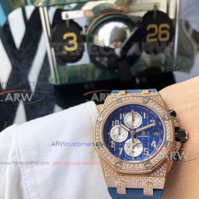 Perfect Replica Audemars Piguet Royal Oak Offshore Watch Blue Dial Rose Gold Diamond